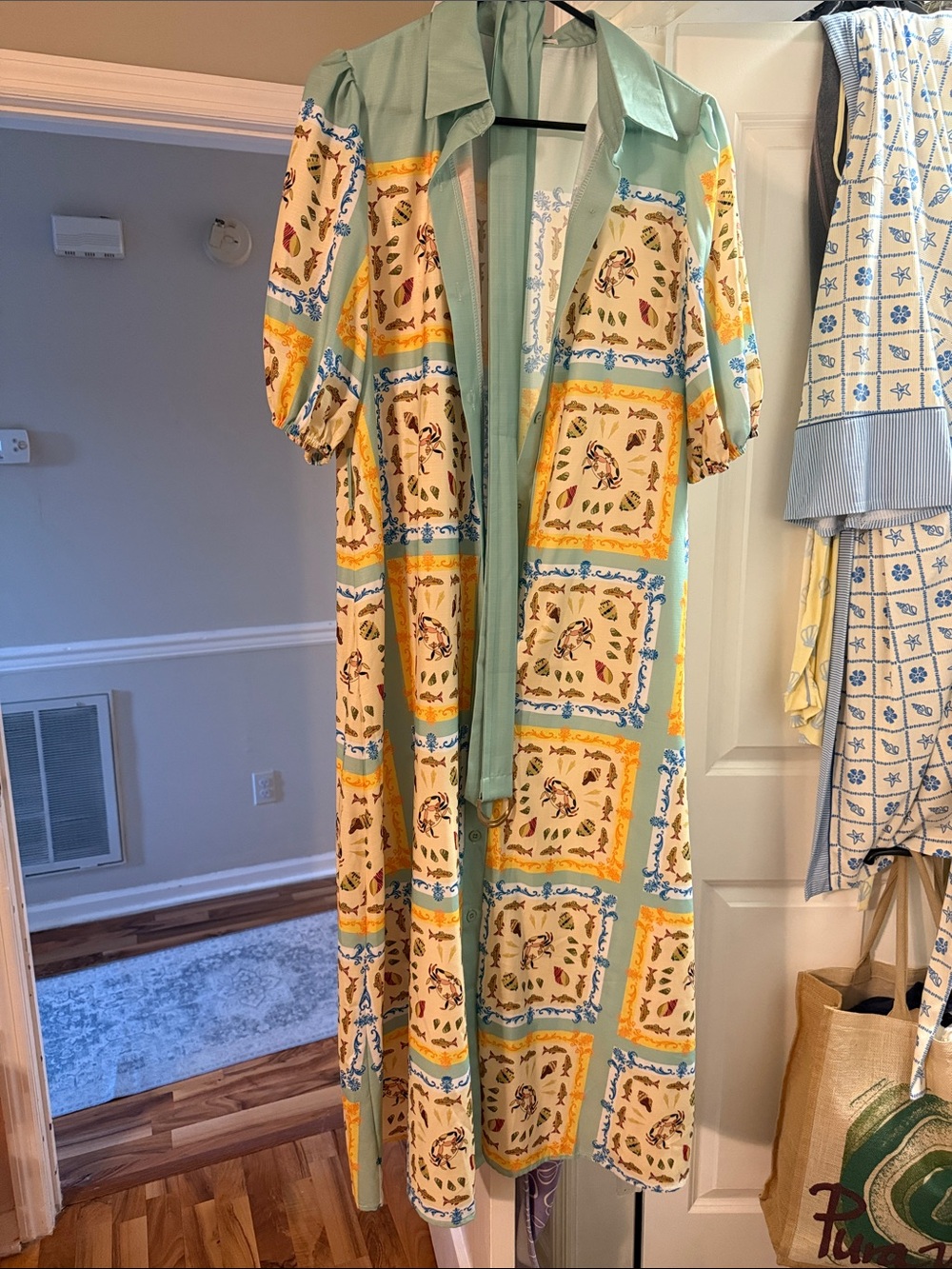 Printed Maxi Dress in Light Blue and Yellow with Collared Neck